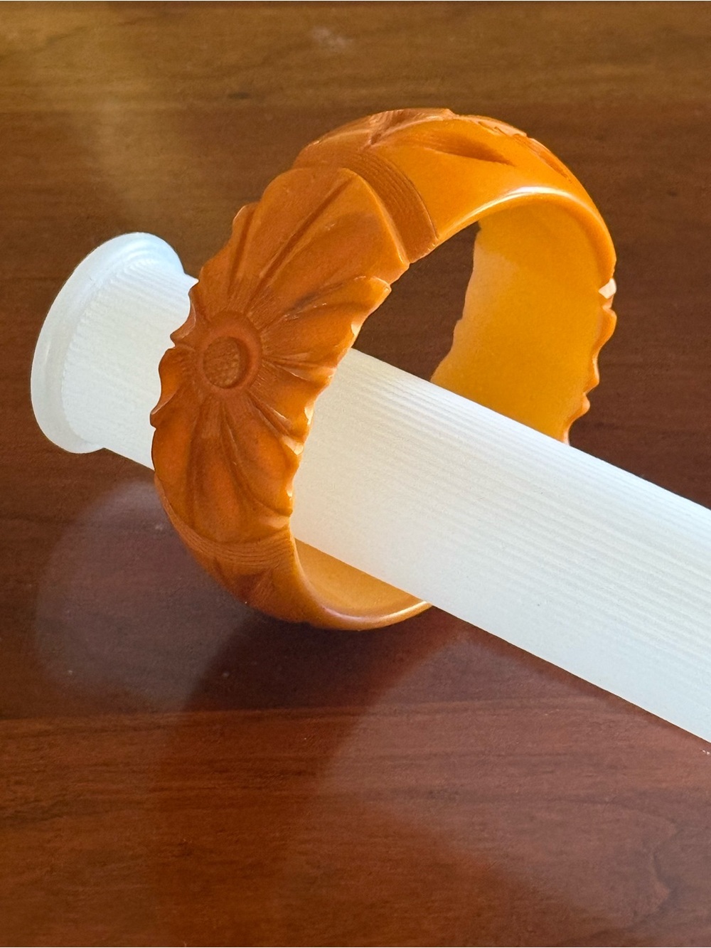 Carved Floral Orange Resin Bangle Bracelet